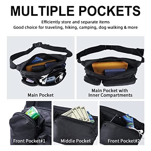 Eono Water Resistant Bum Bag with Multi-Pockets, Large Capacity Waist Fanny Pack for Hiking, Dog Walking, Travel & Outdoor Activities (Black) — view 6