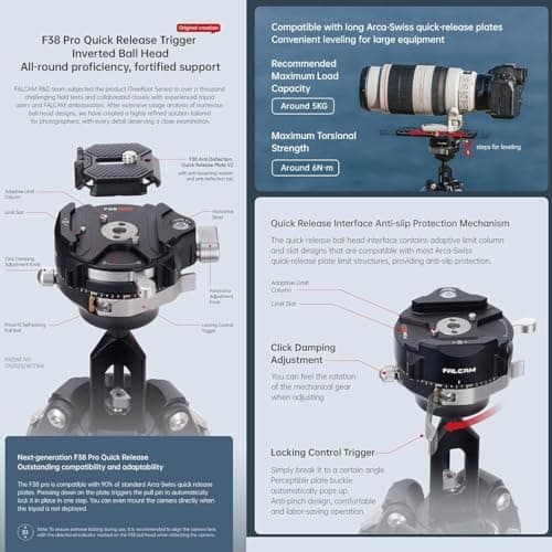 Falcam TreeRoot F38 Pro Carbon Tripod, 61 Inch Quick Release Travel Tripod with 360° Ball Head, 5 kg Load Capacity, F22 Interfaces, 1/4 Inch Screw, Strap Holes for DSLR, Mirrorless and Video Cameras — view 5