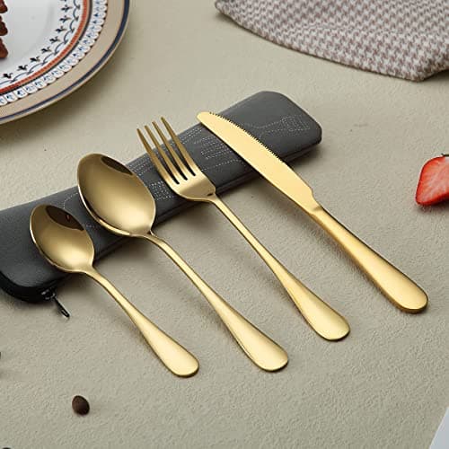 Evanda Portable Utensils, Travel Camping Cutlery Set, Stainless Steel Flatware Set Travel Silverware Dinnerware Set Fork Spoon Knife with a Portable Case (Gold) — view 2
