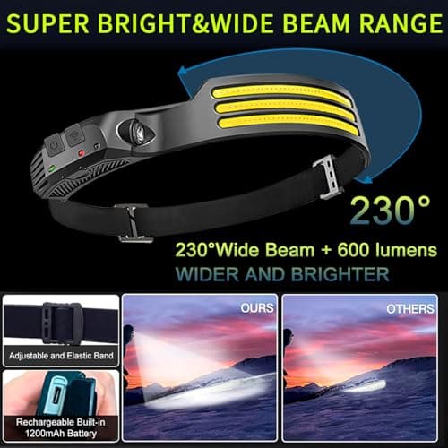 10Pack LED Headlamp Rechargeable with 3 Led Strip, 230° Wide Beam Head Lamp for Forehead, 6Mode Hard Hat Light for Adults, Flashlight for Work, Hiking, Running, Camping Essentials Gear — view 3