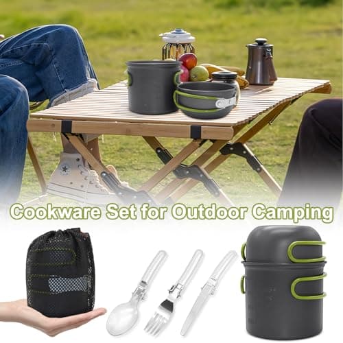 Camping Cooking Set, 6 pcs Cookware With Foldable Knife, Fork and Spoon, Portable Pots and Pans, Cooking Pot for Hiking, Fishing, Outdoor Barbeque — view 4
