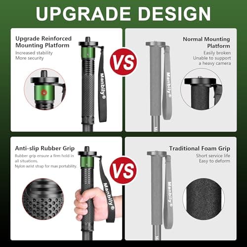 Manbily G-333 Carbon Fibre Camera Monopod 180cm for DSLR with Feet, Monopods for Cameras 5 Sections Walking Stick Hiking Pole, Mini Tripod Detachable Base, Aluminum Max 10KG Canon Nikon Sony (Green) — view 4