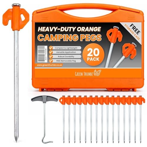 Heavy Duty Tent Pegs - 20cm x 20 Pack Orange Hard Ground Tent Pegs, Camping Pegs, Awning Peg for outdoors, Strong Galvanized Steel with Storage Case and Peg Remover