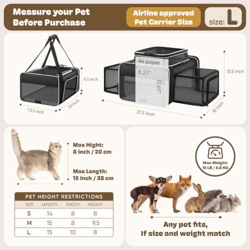 Top and 2 Sides Expandable Large Cat Carrier 18x13.5x9.5, TSA Airline Approved Dog Carriers for Large Dogs, Soft-Sided Pet Carrier with Self-Locking Zippers for Kitten,Rabbit,Puppy, Black White — view 4