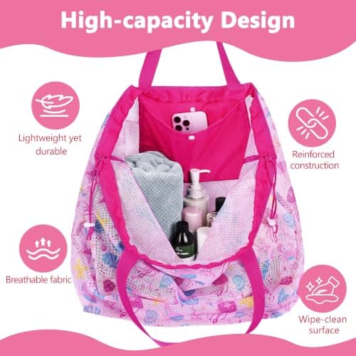 LAHAQIQI Extra Large Mesh Beach Toy Tote Bag with Drawstring- Foldable Lightweight Swimming Travel & Summer Essentials for Women Kids (Rose Red Seashell) — view 5