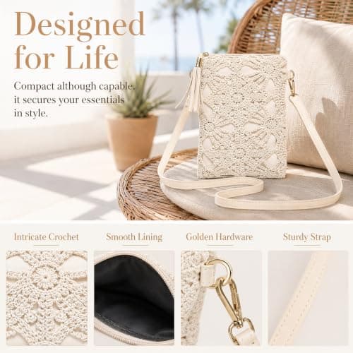 Crossbody Bag, Crochet Phone Bag White Leather Small Woven Shoulder Purse Flowers Bohemian Handbag with Adjustable Strap for Wedding Evening Summer Beach Travel Party 14 × 9 × 3cm (Off White) — view 4