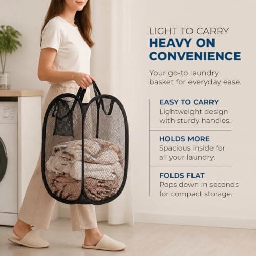 HOMESHOPA Laundry Baskets Pop Up Mesh Washing Bag, Black Foldable Dirty Clothes Baskets with Handles&Side Pocket, Collapsible Toy Tidy Storage Organiser, Great for Kids Room, College Dorm Travel — view 3