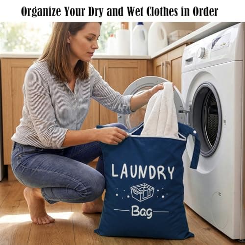2 Pcs Large Travel Laundry Bags 55X45CM, Waterproof Washing Bags for Laundry with Zipper & Handle, Reusable Dirty Clothes Bag for Travel, Gym, Camping, Dorm, Swimming Pool (Claret-Navy Blue) — view 5