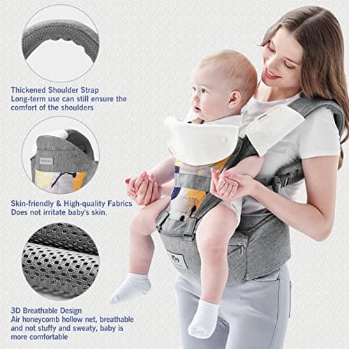 Baby Carrier, Bellababy Multifunction Baby Carrier Hip Seat (Ergonomic M Position) for 3-36 Month Baby, 6-in-1 Ways to Carry, All Seasons, Adjustable Size, Perfect for Shopping Travelling, Grey — view 3