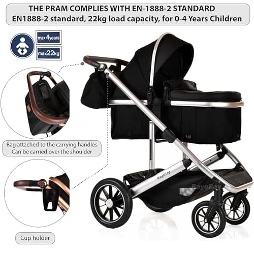 Baby 3 in 1 Travel System Pram with Car Seat Stroller 3 in 1 Buggy Pushchair Child Lightweight Folding Stroller Pram for Newborns Toddlers from Birth (Black Silver Frame) — view 5