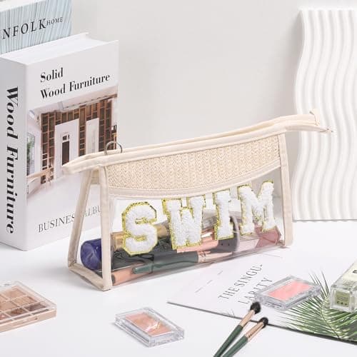 Etercycle Boho Patch Makeup Bag, Clear PVC Travel Toiletry Bag Waterproof Beach Bags for Women, Small Chenille Letter Bag with Zipper for Beach Travel Essentials (Swim) — view 5