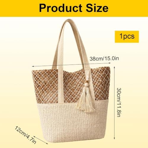QhgPnt Straw Woven Beach Shoulder Bags, Straw Beach Bag with Zip Closure, Summer Bags for Foldable Women, Straw Bags for Travel Vacation Shopping Picnic, Straw Bags Summer Bag for Outdoor Use — view 3