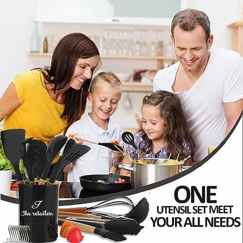 22 Pcs Black Silicon Kitchen Utensils Set with Holder-BPA Free Silicone Cooking Utensils Set for Non-Stick Pans-Heat Resistant Wooden Handle Silicone Spatulas for Cooking, Used as Camping Utensils Set — view 6