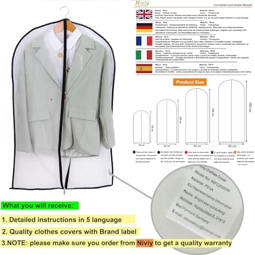 Niviy Garment Covers Dustproof Clothes Covers Moth Proof Coat Bag with Zip PEVA Translucent Dress Cover Waterproof Anti-mite Breathable Suit Protector 6pcs 60 * 100cm (Black) — view 6