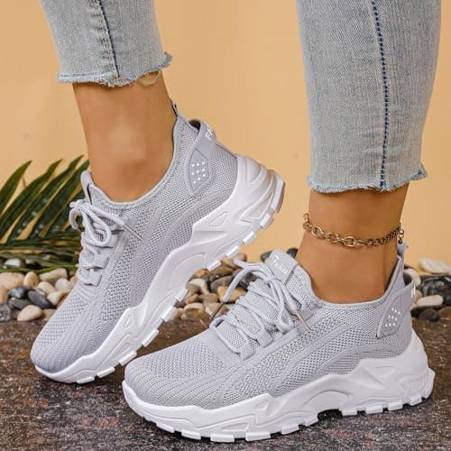 Women’s Lightweight Walking Shoes, Breathable Knit Lace Up Sneakers with Non Slip Chunky Sole, Comfortable Casual Athletic Trainers for Work, Travel, Gym and Outdoor Grey — view 2