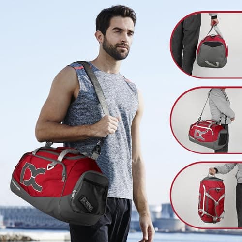 INOXTO Large Foldable Sports Gym Bag with Wet and Dry Pockets and Shoe Compartment for Men and Women, Weekend Overnight Camping Travel Duffel Bag (red with White, Standard) — view 5