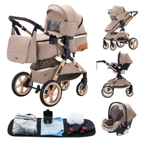 GLOKID 3 in 1 Prams Travel System, 0-4 Years, Foldable, Compact and Reclining Baby Pushchair, Aluminum Frame, Accessories, Nursery Bag、Khaki