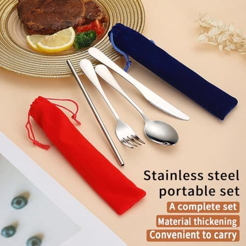 Kyraton Camping Cutlery Set 2 Pack with Portable Base, Stainless Steel Flatware Camping Utensil Set for Outdoor Travel Picnic Office School Farm Work Lunch Box, Dishwasher Safe — view 3