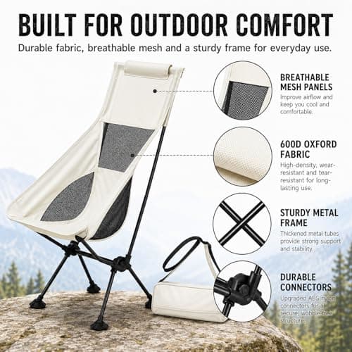 GOOGO High Back Camping Chair, Folding Camping Chair with Side Pocket, 80 x 41 x 87 cm, 150 kg Capacity, 600D Oxford Portable Outdoor Chair for Garden, Beach, Fishing and Picnic (White) — view 6