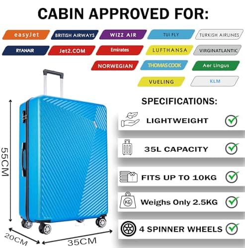 55x35x20 Cabin Suitcase Carry on Hard Shell Hand Luggage Cabin Bag Case Approved for Ryanair EasyJet 2 + Many More Small Fits 8kg-10kg 35 Litre Capacity 3 Digit Lock + Telescopic Handle Cabin Luggage — view 2