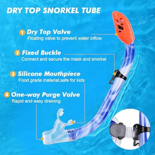 KUYOU Kids Snorkel Set Dry Top Snorkeling Gear,180°Panoramic Wide View Swimming Diving Mask for Kids Youth Boys Girls Junior Age 5-12 (Blue+White) — view 5