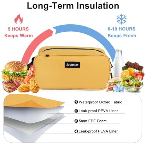 Saugnlbs Small Cool Bag,Mini Cool Bag with Ice Packs,Small Insulated Lunch Bag with Handle Buckle,Freezable Lunch Bag for Travel/Work/School/Outdoors, 10“ x 4.5”x 5”,Yellow — view 2