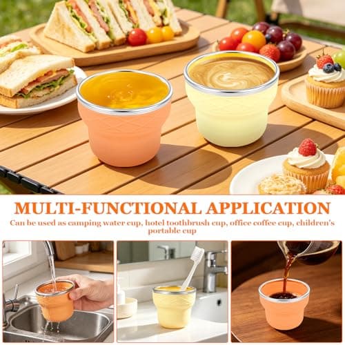 shaojian 2Pcs Collapsible Camping Cup 200ml Foldable Cup with Stainless Steel Rim and Lid, Portable Pocket Cups for Hiking Camping Travel Airport Hotel Mouthwash(Orange+Yellow) — view 6