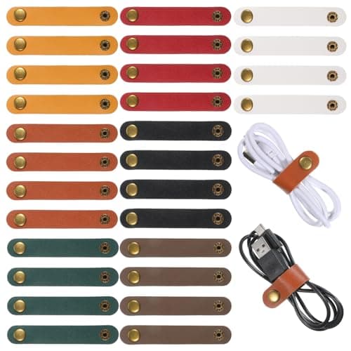 28 PCS Travel Leather Cable Straps, Leather Cord Organizer