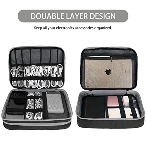 Gocokia Double Layers Large Capacity Travel Electronic Accessories Organizer Bag, 2 Front Pockets Travel Gadget Carry Case, Perfect Size Fit for iPad,iPhone,Cables,Power Bank,Tablet(10.2’’)-Black — view 2