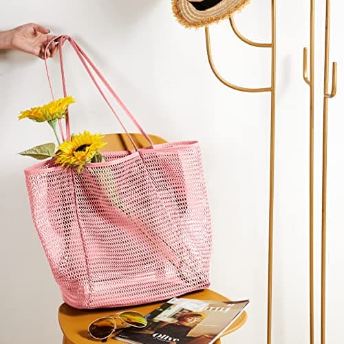 KALIDI Mesh Tote Bag,23L Beach Bag Extra Large Tote Bags for Women with Zip Pocket Shoulder Bag Summer Beach Bags Reusable Shopping Bag for Picnic Holiday Travel Grocery,pink — view 3