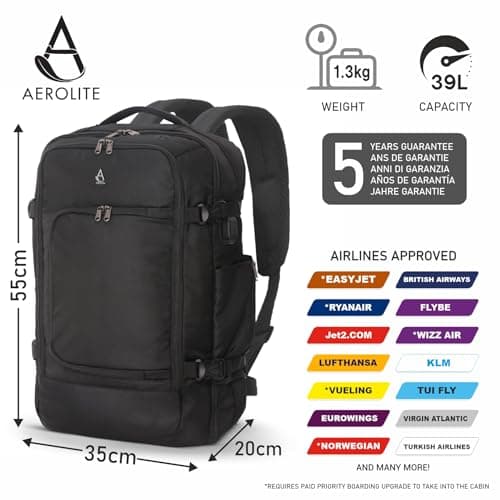 Aerolite 55x35x20cm 39L Cabin Luggage Backpack, Fits 15in Laptop, x2 — view 2