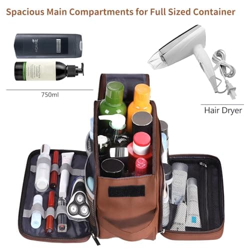 Large Toiletry Bag for Men, PU Leather Travel Toiletry Organizer, Dopp Kit Water-resistant Shaving Bag for Toiletries Accessories Toiletries Organizer Cosmetic Bags, Brown, XL, Toiletry Bag — view 2