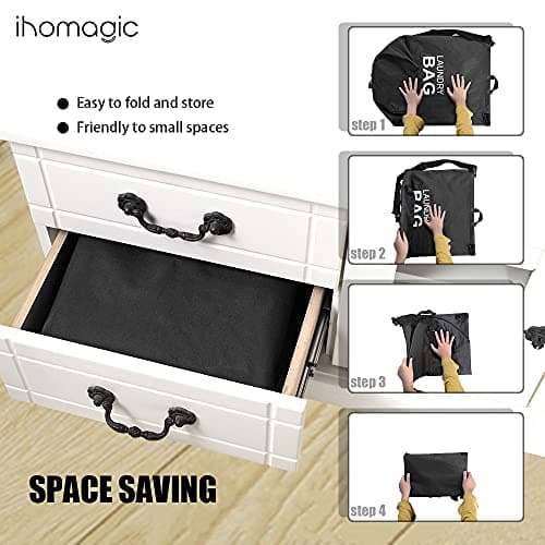 IHOMAGIC Collapsible Fabric Laundry Hamper, Portable Laundry Bag Backpack with Adjustable Shoulder Straps and Pocket, Hanging Dirty Clothes Bag for College, Travel, Laundromat, Apartment 71L (Black) — view 4