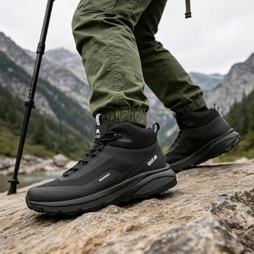 OUTJET Men's Waterproof Hiking Boots Lightweight Comfortable Breathable Outdoor Walking Trekking Boots Black — view 3