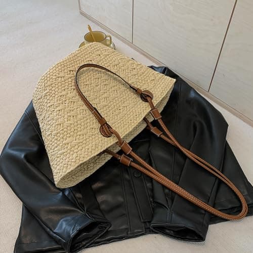 Fiorky Straw Tote Beach Bag Striped Shoulder Handbag Women Woven Tote Bag Fashion Shoulder Bag Large Capacity Summer Beach Bags Trendy Braided Bag Stylish Weaving Bag for Shopping Picnic — view 6