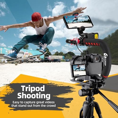 Zeadio Video Handheld Stabilizer, All-in-One Vlogging Camera Handle Grip Rig Kit with Dimmable LED Video Light, Microphone, Phone Holder, Action Camera Adapter for Camera DSLR and All Smartphones etc — view 4