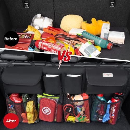 SURDOCA Car Boot Organizer, 4th Gen [8 Upgrades - XL] Super Capacity Auto Backseat Hanging Organizer, Car Boot Tidy Storage Bag with Lids, Space Saving Expert, Black — view 2