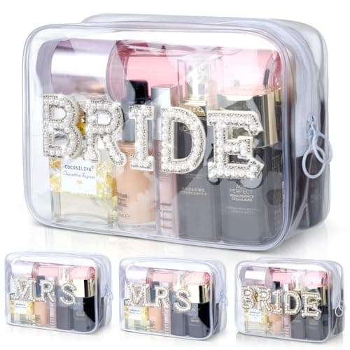 Etercycle Bride Clear Cosmetic Bag, Portable PVC Travel Toiletry Bag Bling Pearl Rhinestone Patch Letter Bags for Women Wedding Bachelorette Party (Silver)
