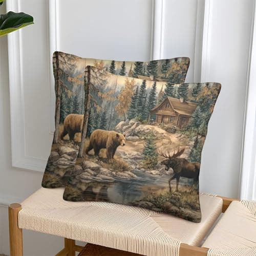 QFVANSIYO Wildlife Scene Organic Cotton Forest Cabin StylePillow Slip Set of 2 Hypoallergenic for Kids Toddler Double Bed UK Standard Size Ultra Soft Easy Care Gift for Her Him 45x45cm — view 2
