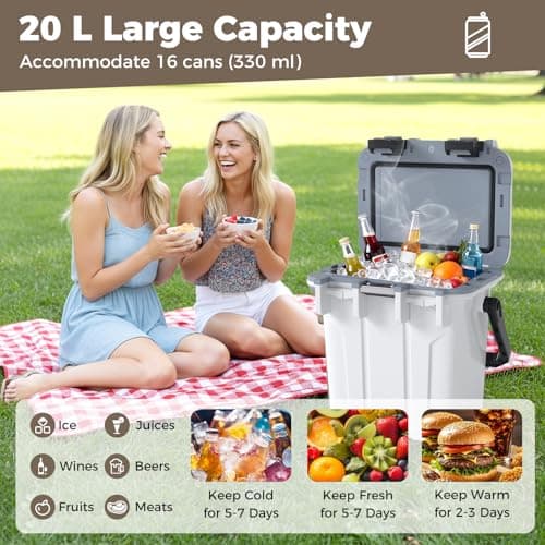 COSTWAY 20L Insulated Cool Box, Portable Hard Cooler Ice Chest Box with Swing-up Handle & Bottle Opener, Ultra-Light Injection Molded Cooler for Camping Fishing Beach Tailgating, 5-day Ice Retention — view 2