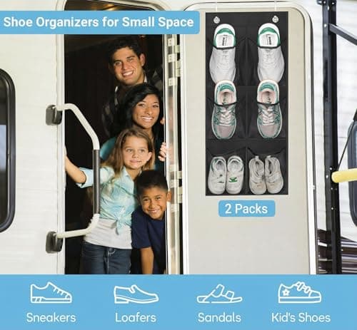 MISSLO 2 Packs Narrow Door Shoe Storage Over Door Organiser Small Hanging Shoe Rack Holder Hanger for Wardrobe with Clear Mesh Pocket for Bathroom, RV, Pantry, Camping (Black) — view 2