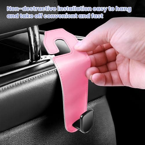 2 Pack Car Seat Back Storage Hook,PU Leather Car Seat Headrest Hook for Car Handbag Clothes (Pink) — view 4
