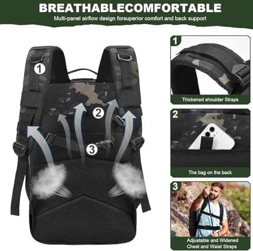 Panavage | Military Tactical Backpack 45L | Waterproof Rucksack with MOLLE, Laptop Compartment | 3-Day Assault Pack for Hiking, Camping, Hunting | Unisex (Black Camo) — view 5