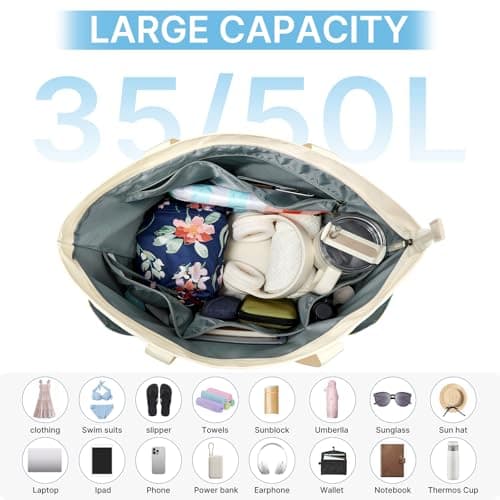G4Free 35/50L Foldable Beach Bag with Zipper Pockets, Waterproof Tote Pool Handbags for Women, Compatible with Stanley Cup, Weekender, Travel, Holiday — view 6