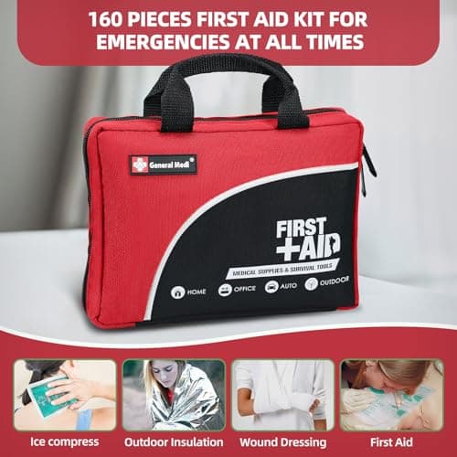 General Medi 160 Piece Premium First Aid Kit Bag - Includes Cold (Ice) Pack, Emergency Blanket for Travel, Home, Office, Car, Camping, Workplace (Red) — view 5
