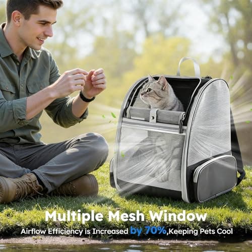 Cat Backpack Carrier for Small Dogs and Cats Fit Up to 8kg, Expandable & Foldable Pet Carrier Backpack with 3-Side Mesh Windows, Portable Pet Carrier with 2 Collapsible Feeding Bowls for Travel Hiking — view 2