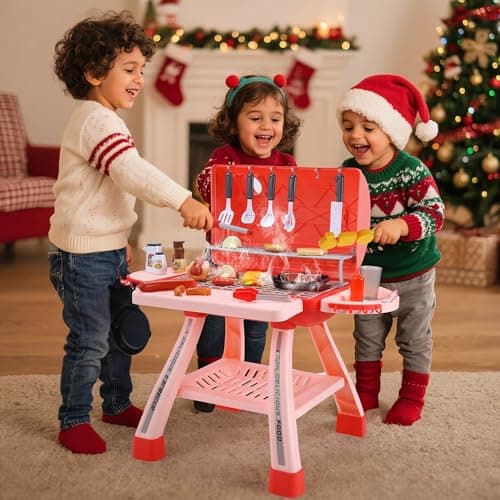 CUTE STONE Kids BBQ Grill Playset, Toy Grill Cooking Set with Sound, Lights & Spray, Play Grill Included Cookware, Play Kitchen Accessories, Play Food,Indoor Outdoor Kitchen Playset for Toddlers Girls — view 5