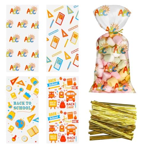 100Pcs Back to School Goodie Bags Candy Treat Bags Clear Bulk with Gold Twist Tie Back to School Party Favor Decorations for Cookie Candy Packing Supplies