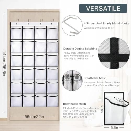 SOPSTUO Hanging Shoe Storage, Over Door Shoe Storage, Door Shoe Rack, 24 Breathable Mesh Huge Pockets, Shoe Hanging Storage Bag with 4 Metal Hooks for Various Doors (Modell B) — view 2