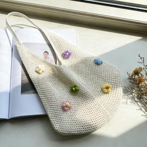 FOSDICK Crochet Beach Bags for Women, Summer Beach Tote Bag, Weave Large Capacity Pool Bag Featuring Six Flowers, Foldable Holiday Bags for Women for Travel Shopping Picnic (Off White) — view 5